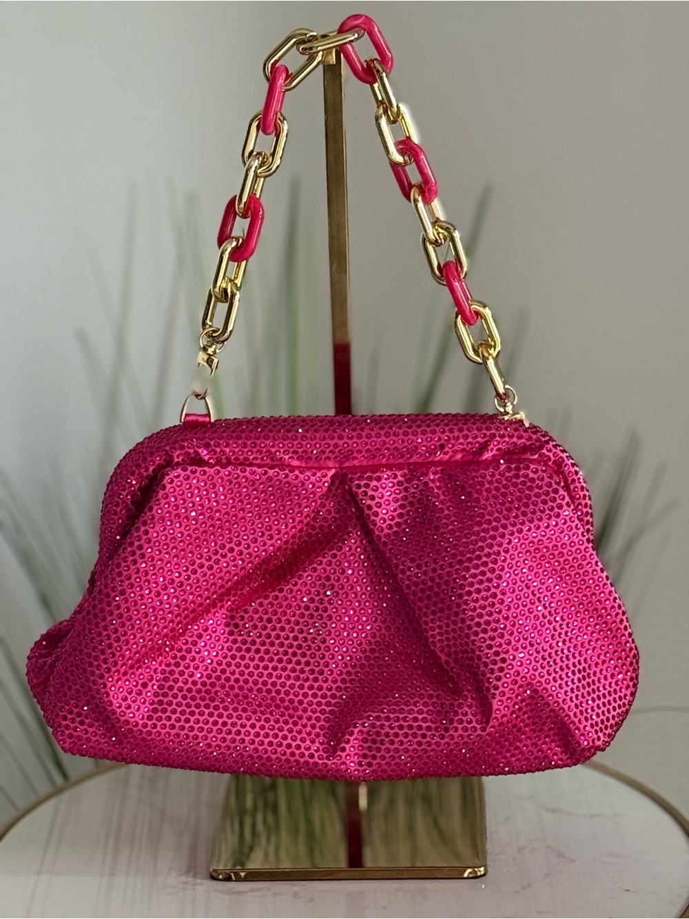Hot Pink Rhinestone Chain-Handle Women's Bag